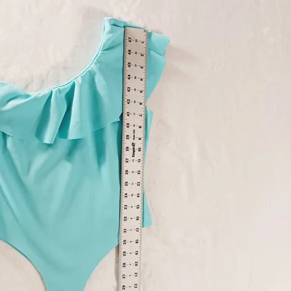 boohoo, NWOT One Shoulder Ruffled Aqua Bodysuit Size 6 Bodycon, Beachy, Vacation - Picture 9 of 11